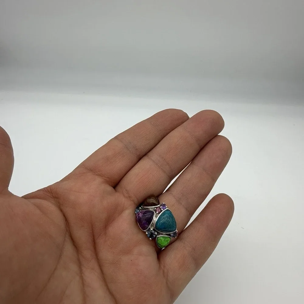Vtg Lorenzo Sterling Silver Multi Gemstone Ring Turquoise Chrome Diopside QVC S7